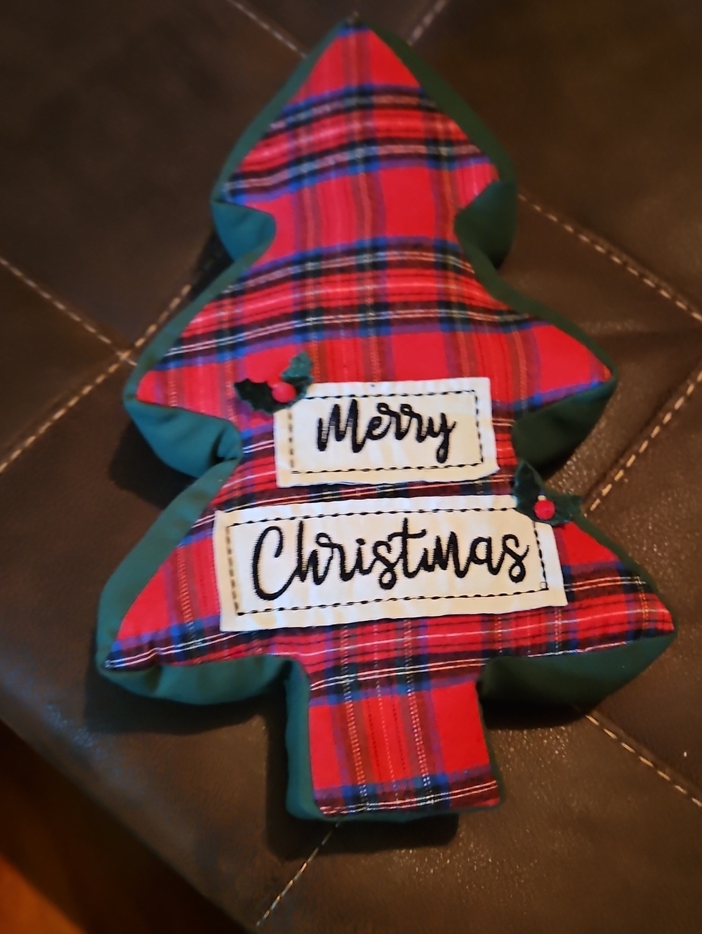 Plaid 'Merry Christmas' Tree Pillow - Red & Green